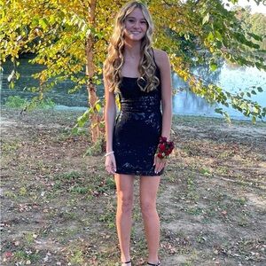 Black Sequin Bodycon Mini Dress - Women's Evening Dress